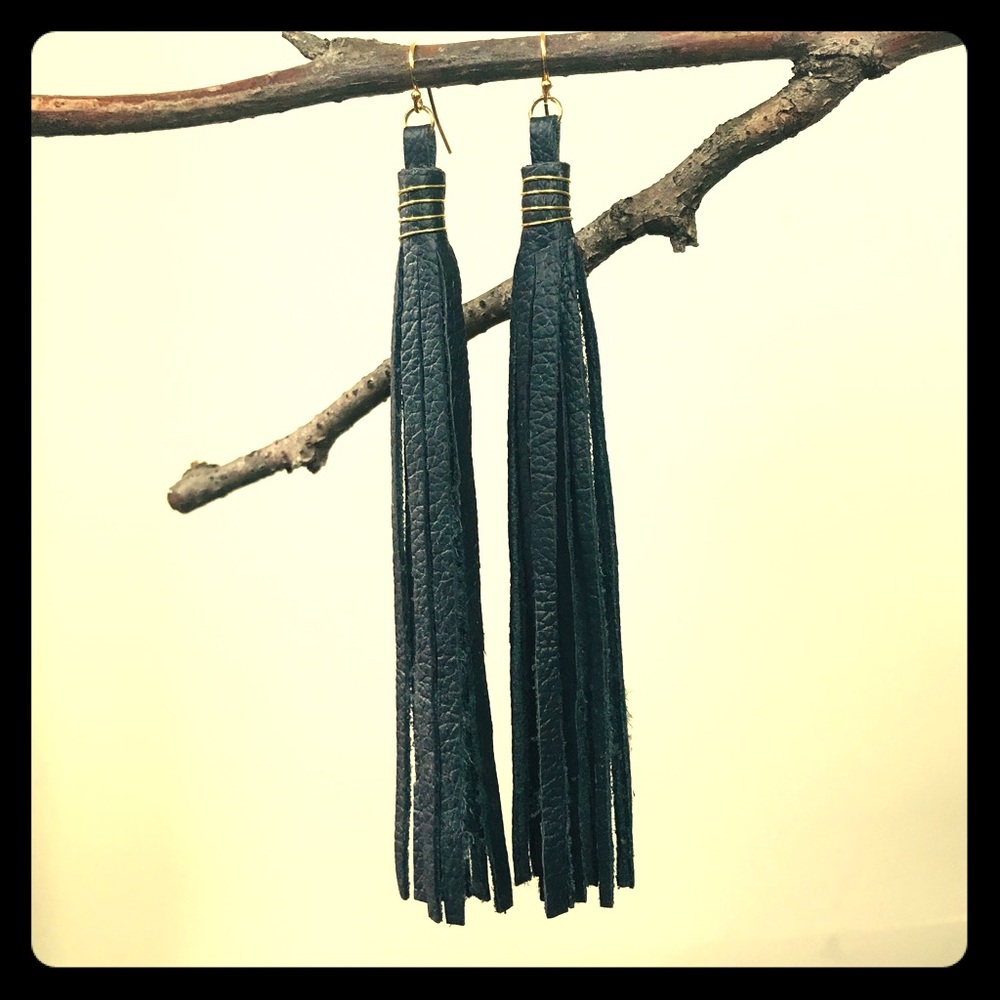 Black leather tassel earrings 14k gold plated hook